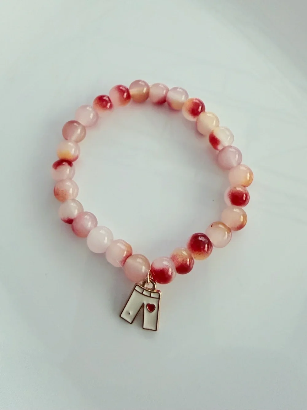 Painted Beaded Bracelet with Gold Charm Handmade Jewelry